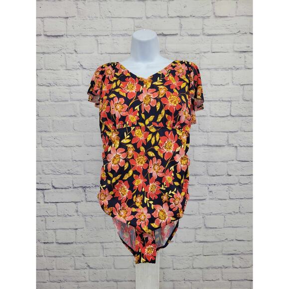 14 NAVY FLORAL A473543 Denim & Co. Beach V-Neck Ruffle Sleeve One-Piece Swimsuit - Picture 1 of 2